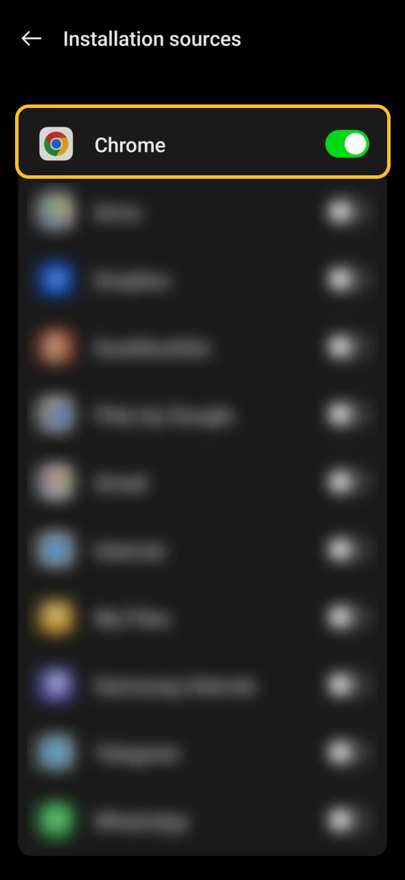 Click the Android tab and allow downloads from unknown sources.