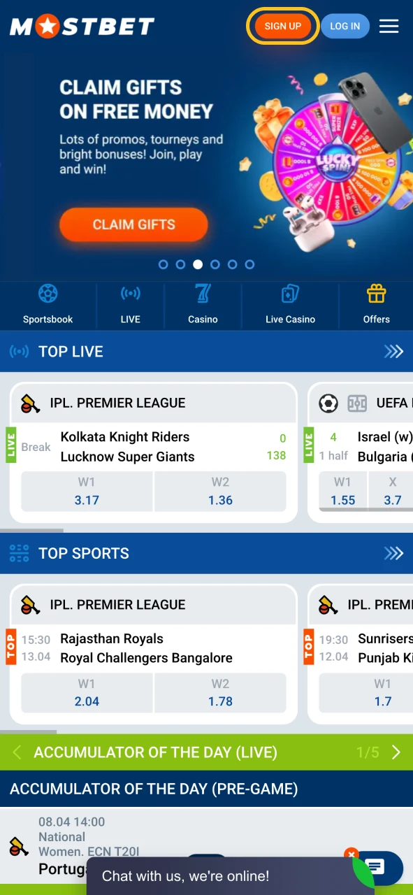 Open the official casino website and tap on the register button.