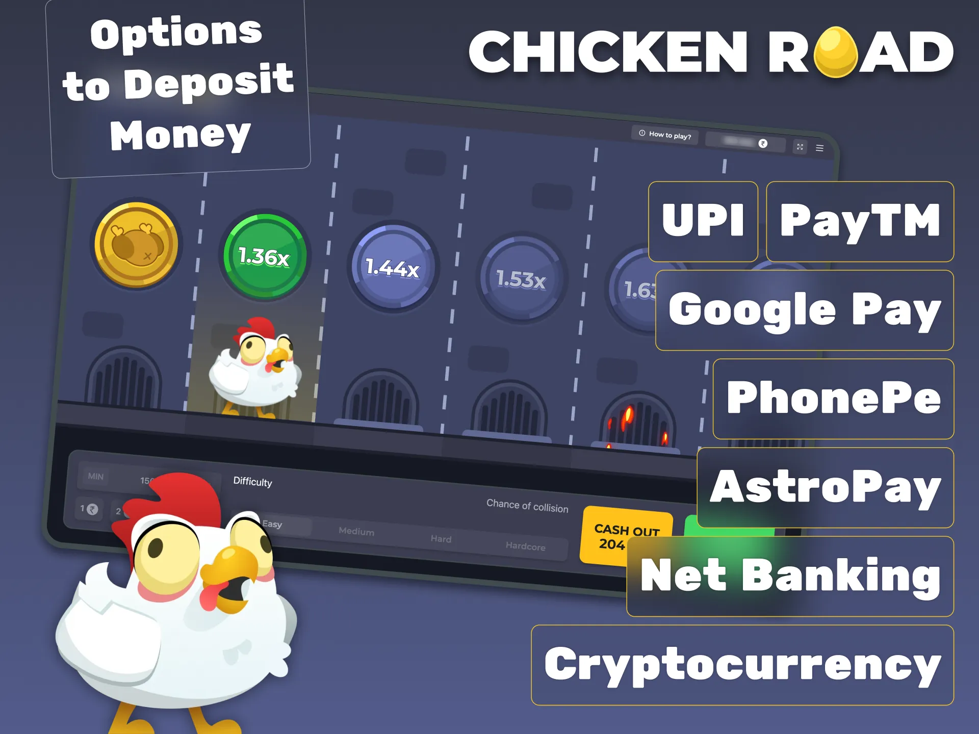 You have multiple options to fund your account for playing Chicken Road.