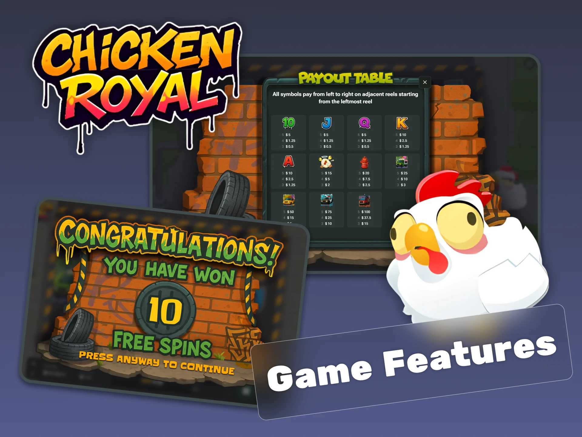 Check the payout table to understand the winning features in Chicken Royal.