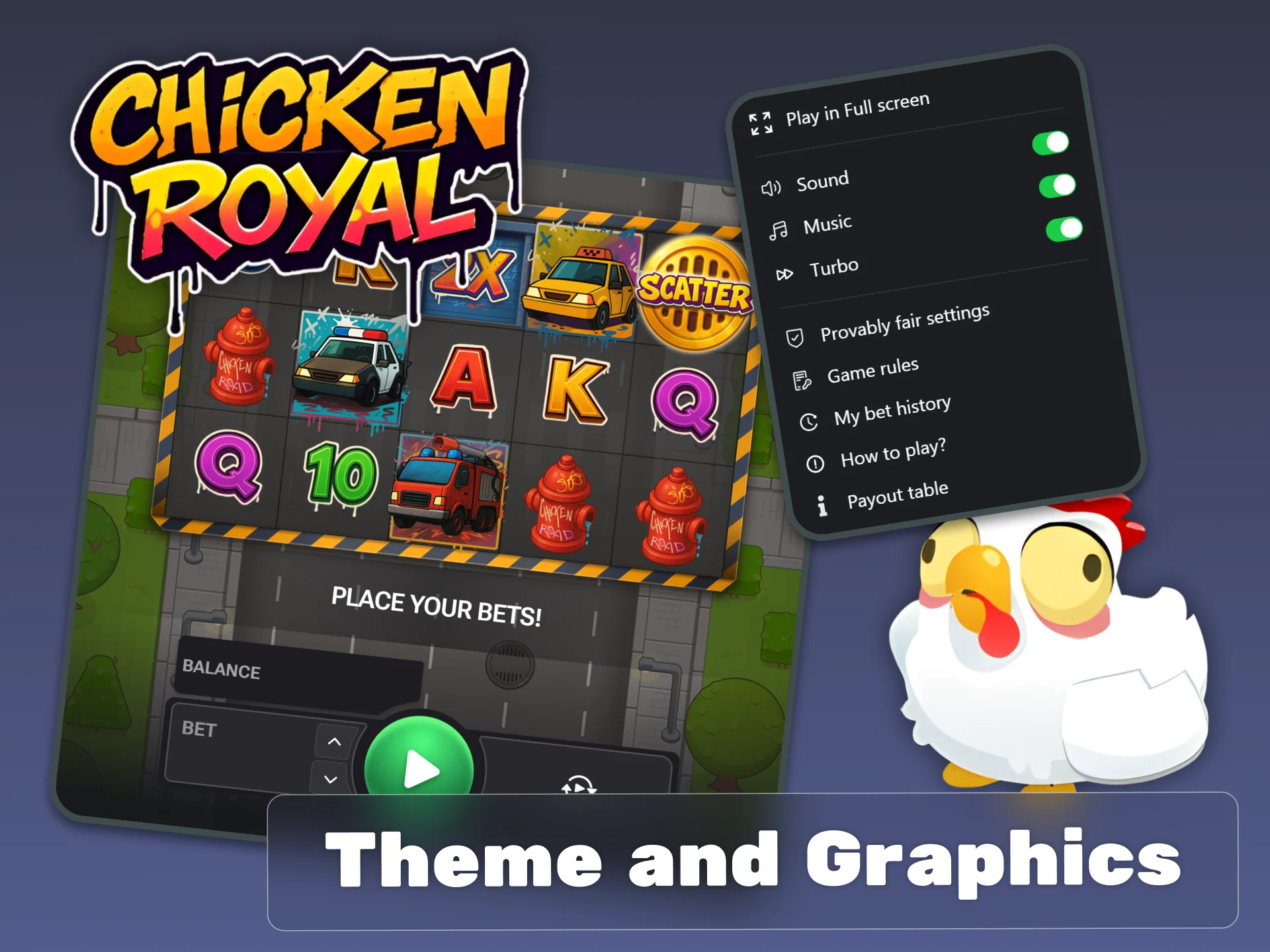 Explore the vibrant street graphics and unique theme of Chicken Royal now.