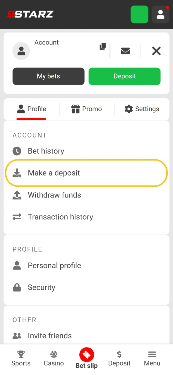 Access the profile menu and click on Make a deposit to fund your Chicken Road account.